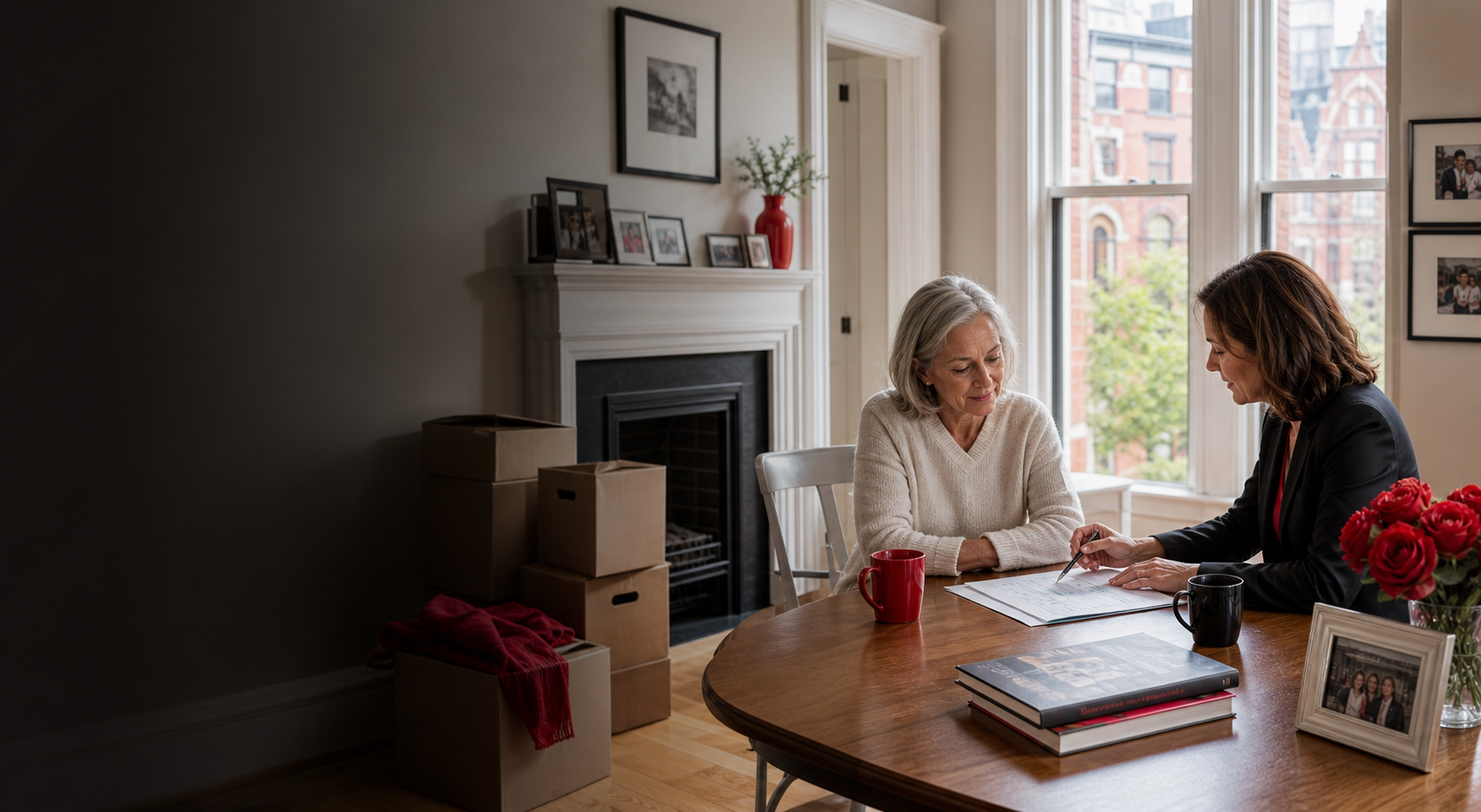 A Boston homeowner meeting with a real estate advisor in a bright living room
